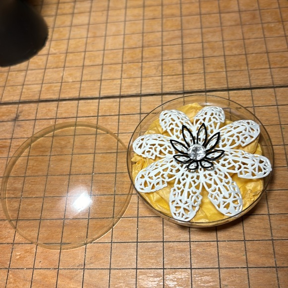 MCM Brooch White Enamel Filigree Black Flower Clear Gem Center Rolling Pin Clasp - Picture 5 of 12